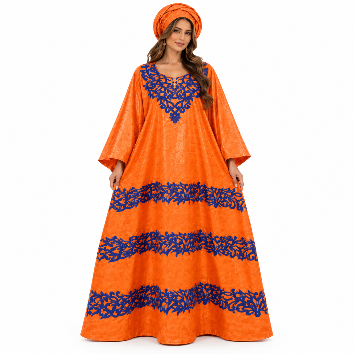 Orange Blue Embroidered Flowing Women’s Kaftan-1