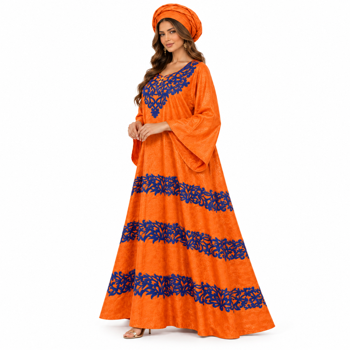Orange Blue Embroidered Flowing Women’s Kaftan-4