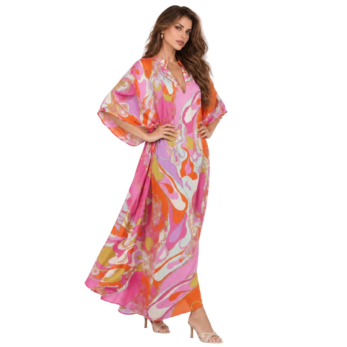 Pink Orange Swirl Print Kaftan Dress-3