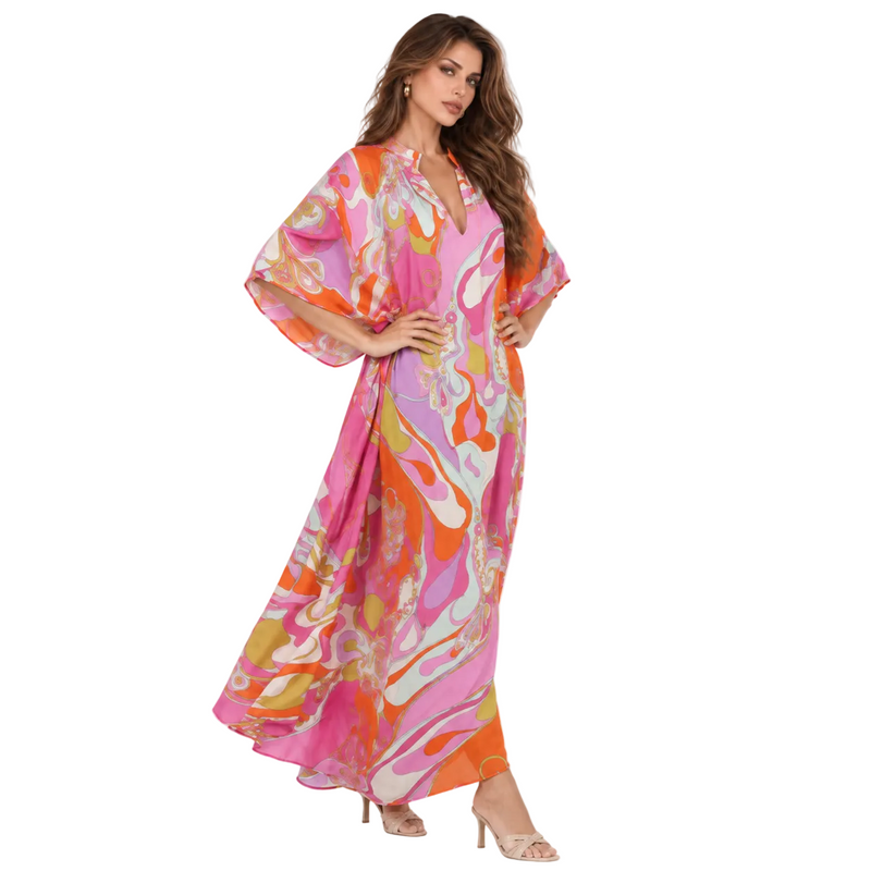 Pink Orange Swirl Print Kaftan Dress-3