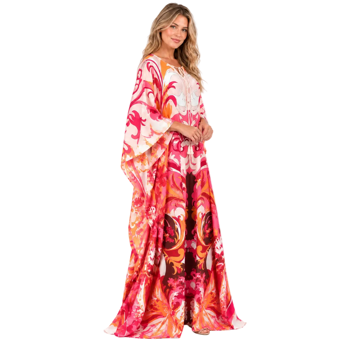 Coral Red Floral Silk Satin Kaftan-3