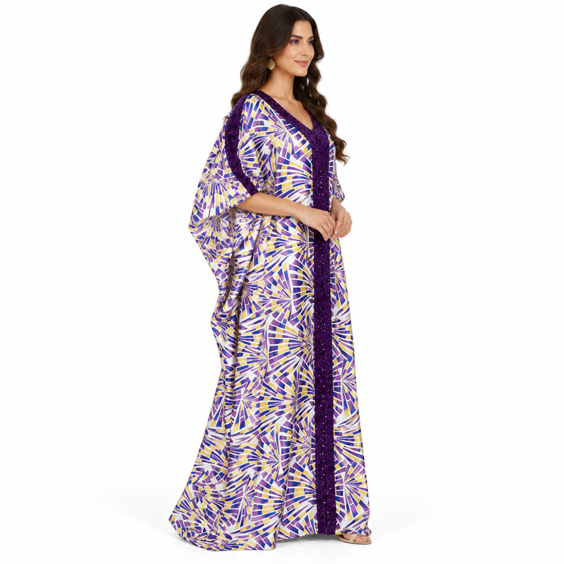 Purple Gold Geometric Sequin Flowing Kaftan-3
