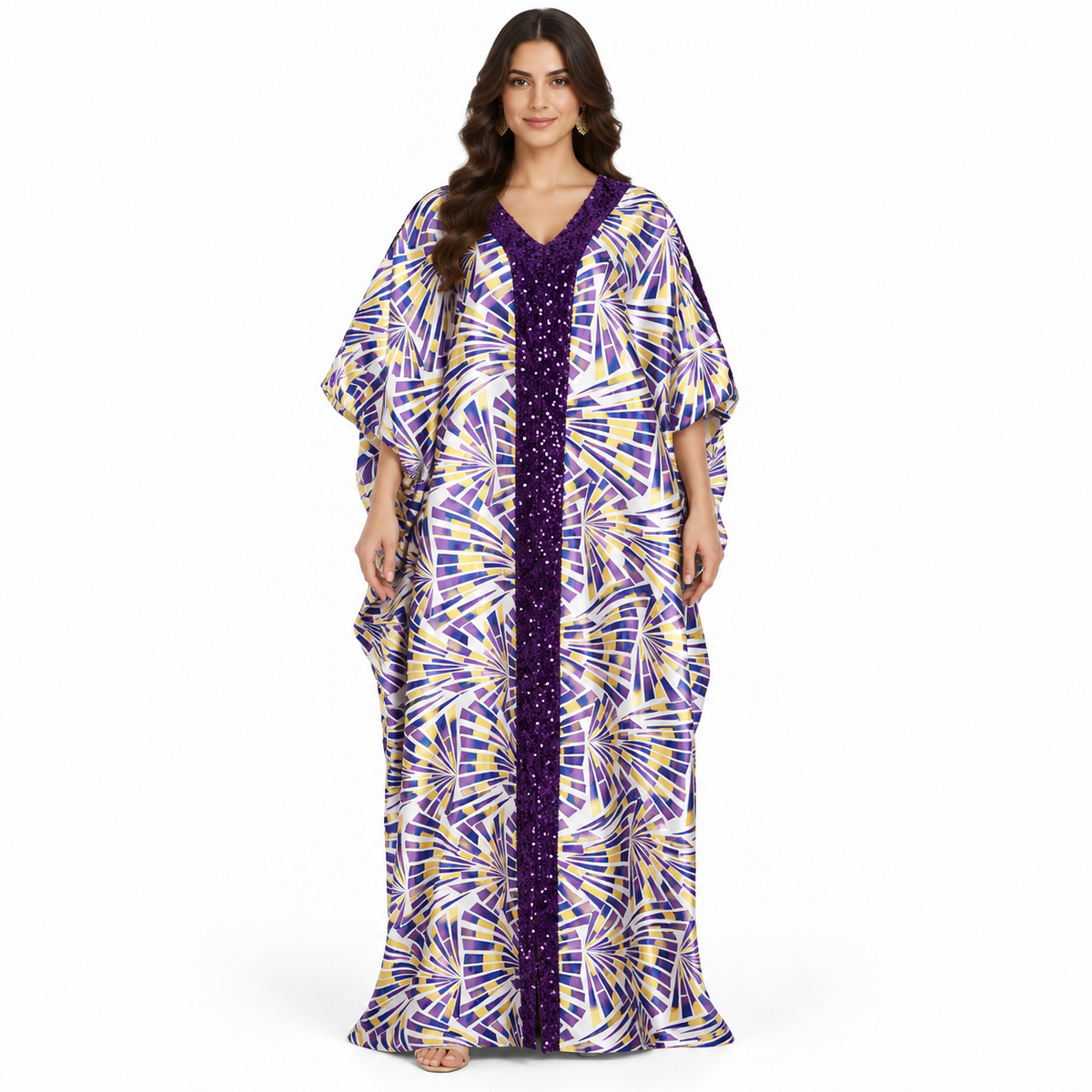 Purple Gold Geometric Sequin Flowing Kaftan-1