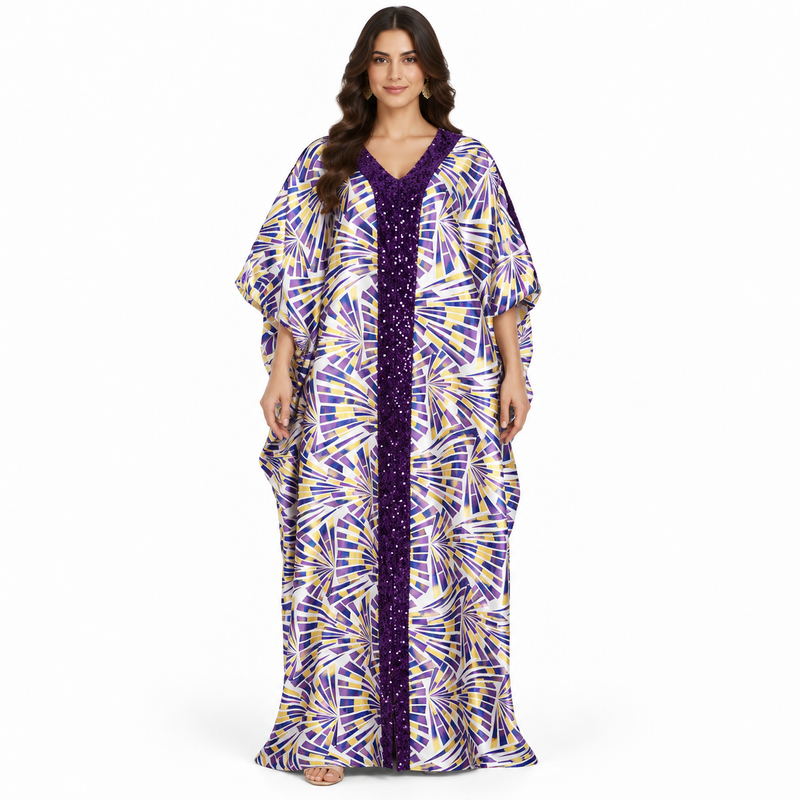 Purple Gold Geometric Sequin Flowing Kaftan-1