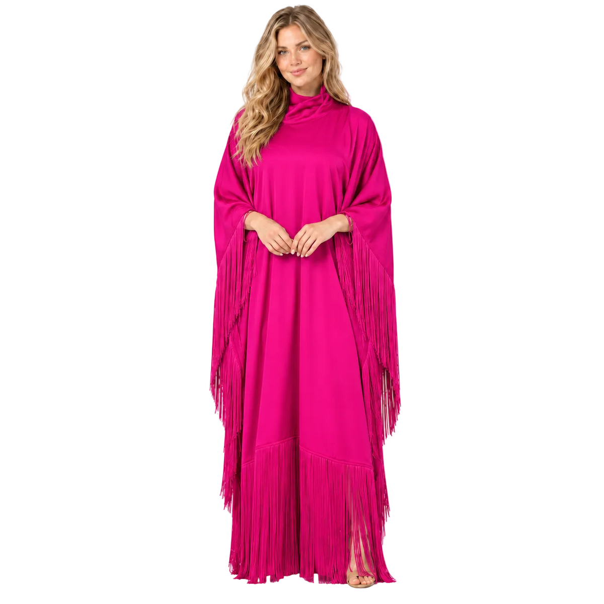 Elegant Rose Pink Fringe Detail Kaftan-1