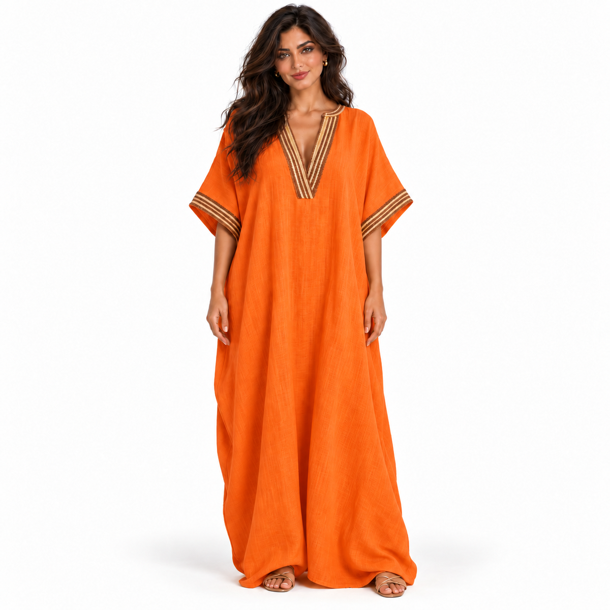 Orange Linen Kaftan With Elegant Embroidery-1