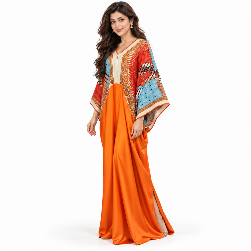 Elegant Orange Multicolor Pakistani Kaftan Dress-3