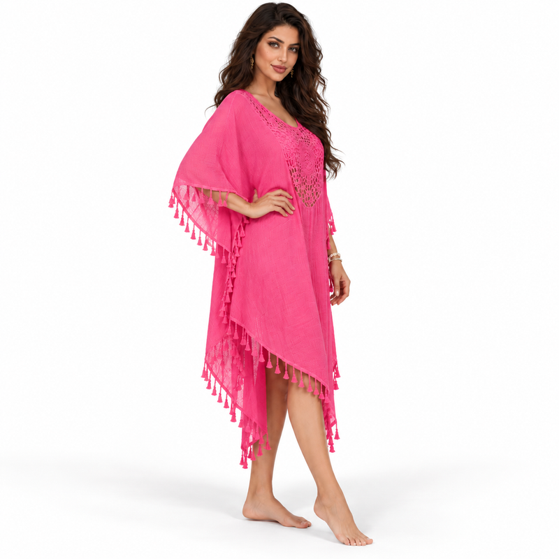 Rose Red Crochet Tassel Women’s Kaftan-3