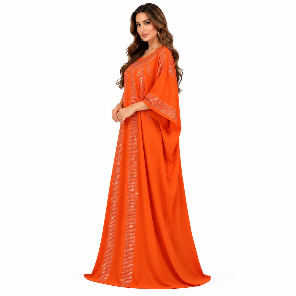 Orange Silver Embellished Flowing Women's Kaftan-3