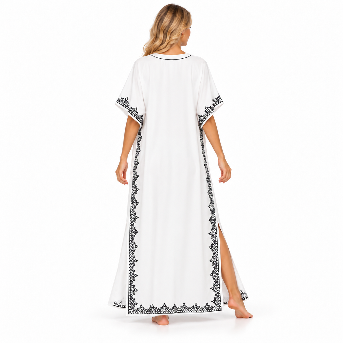 Elegant White Black Embroidered Modern Kaftan-4