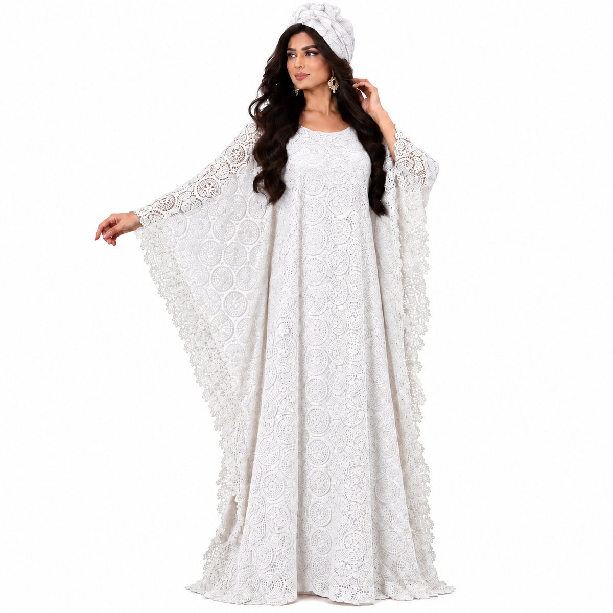 White Lace Flowing Kaftan Dress-1