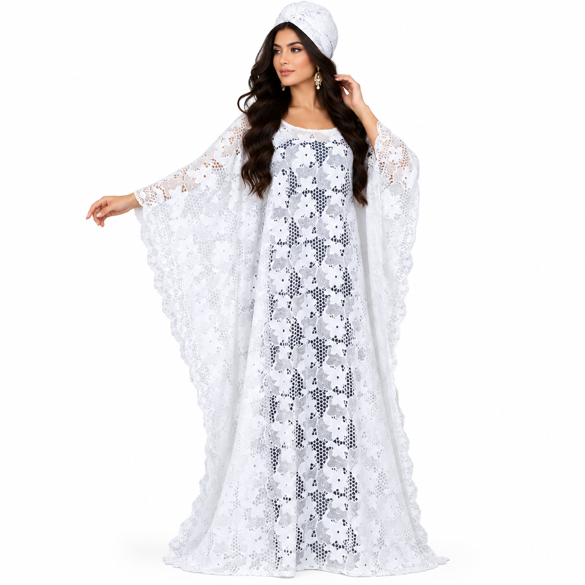 White Floral Lace Kaftan Dress-1
