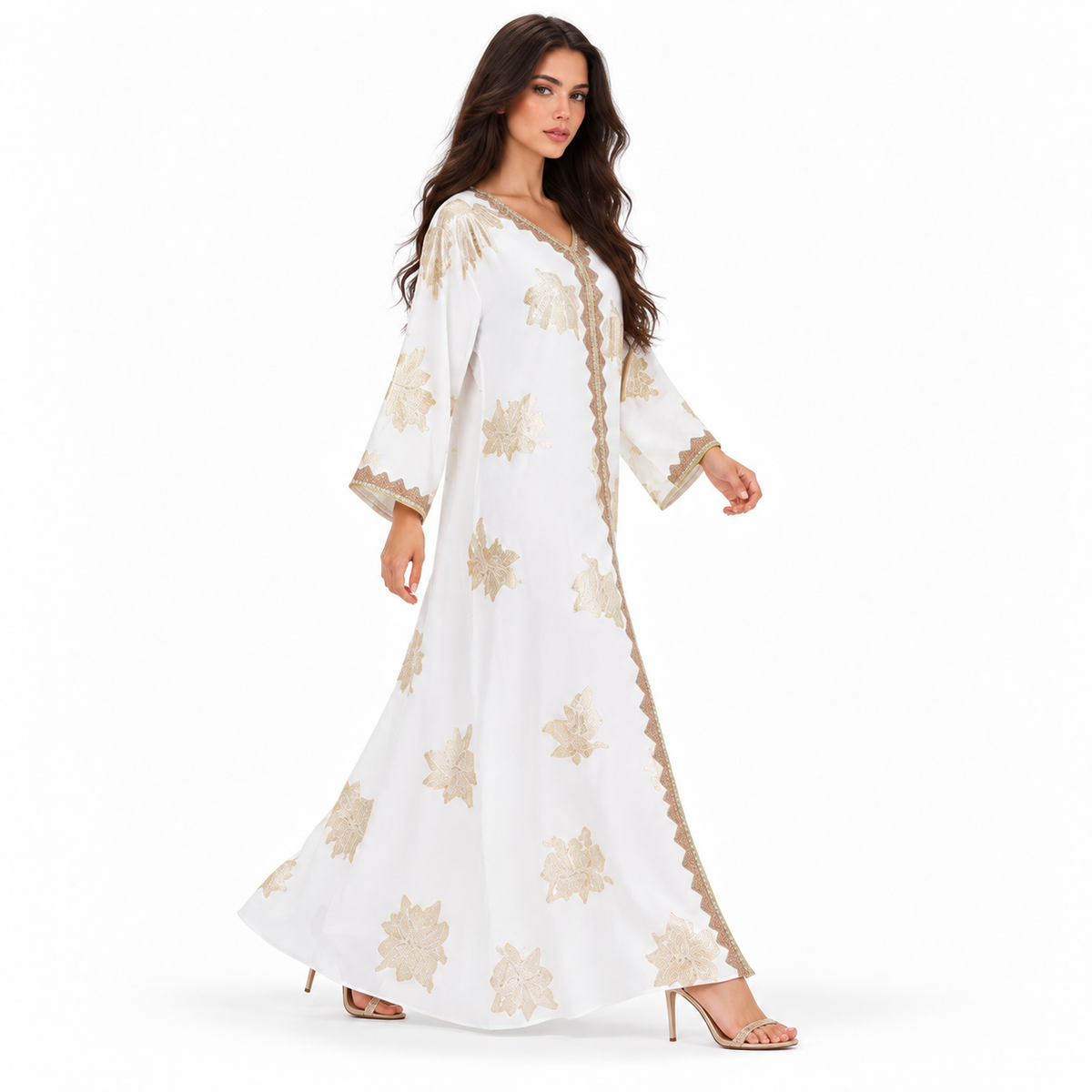 White Kaftan With Elegant Gold Embroidery