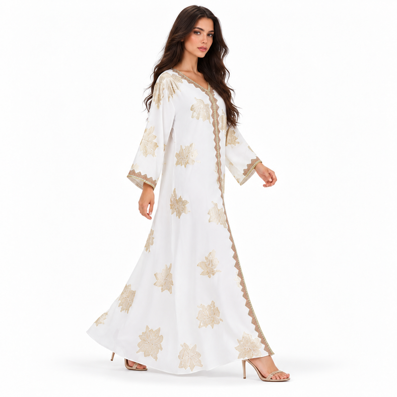 White Kaftan With Elegant Gold Embroidery-2