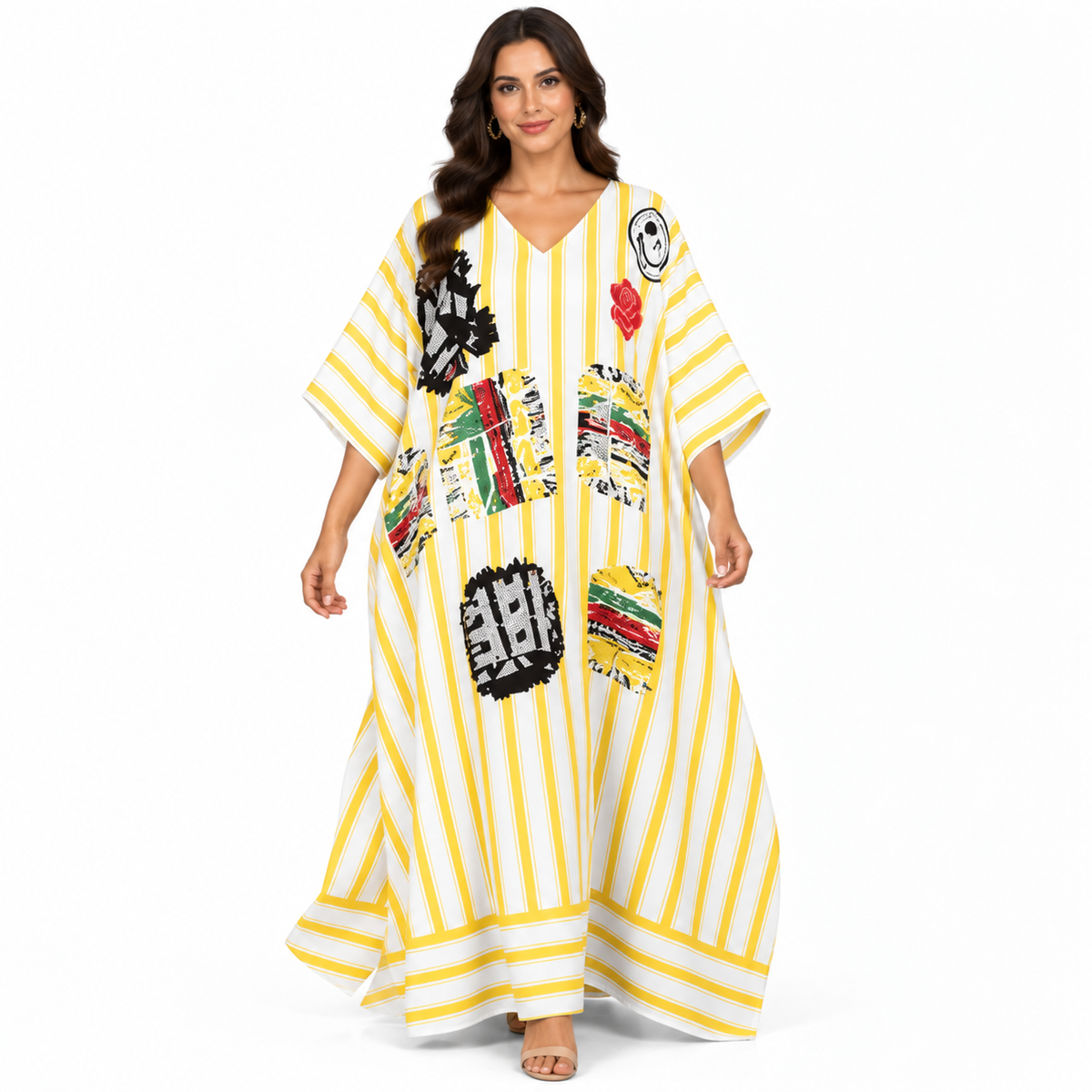 Yellow White Striped Artistic Women’s Kaftan-1