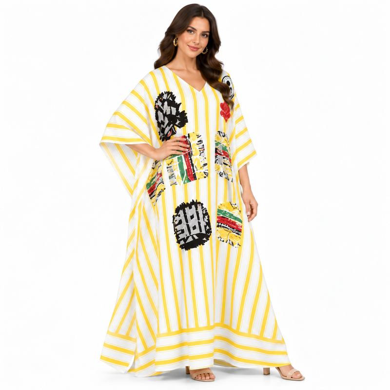 Yellow White Striped Artistic Women’s Kaftan-2