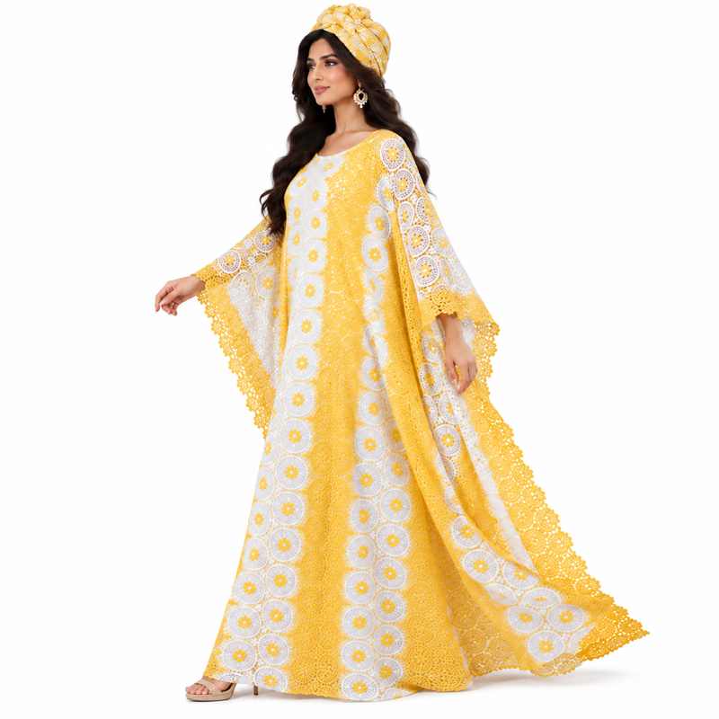 Golden Yellow White Lace Kaftan Dress-2