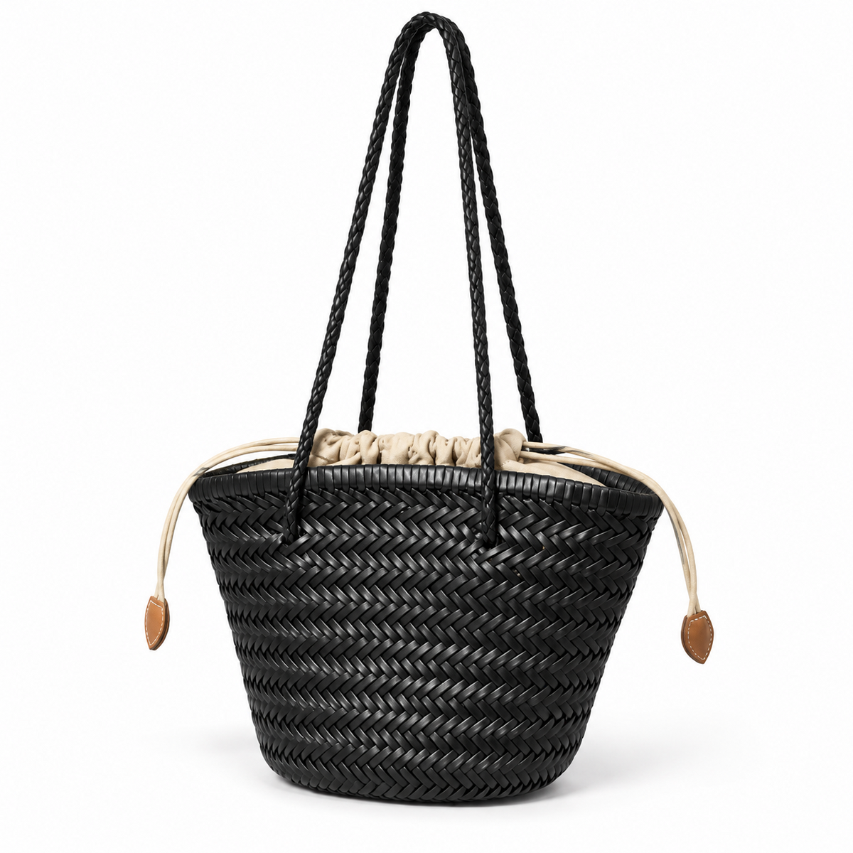 Black Woven Basket Drawstring Shoulder Bag-3