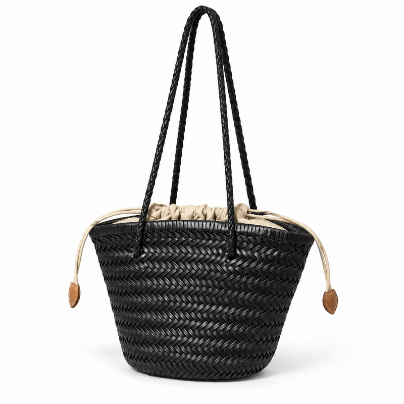 Black Woven Basket Drawstring Shoulder Bag-3