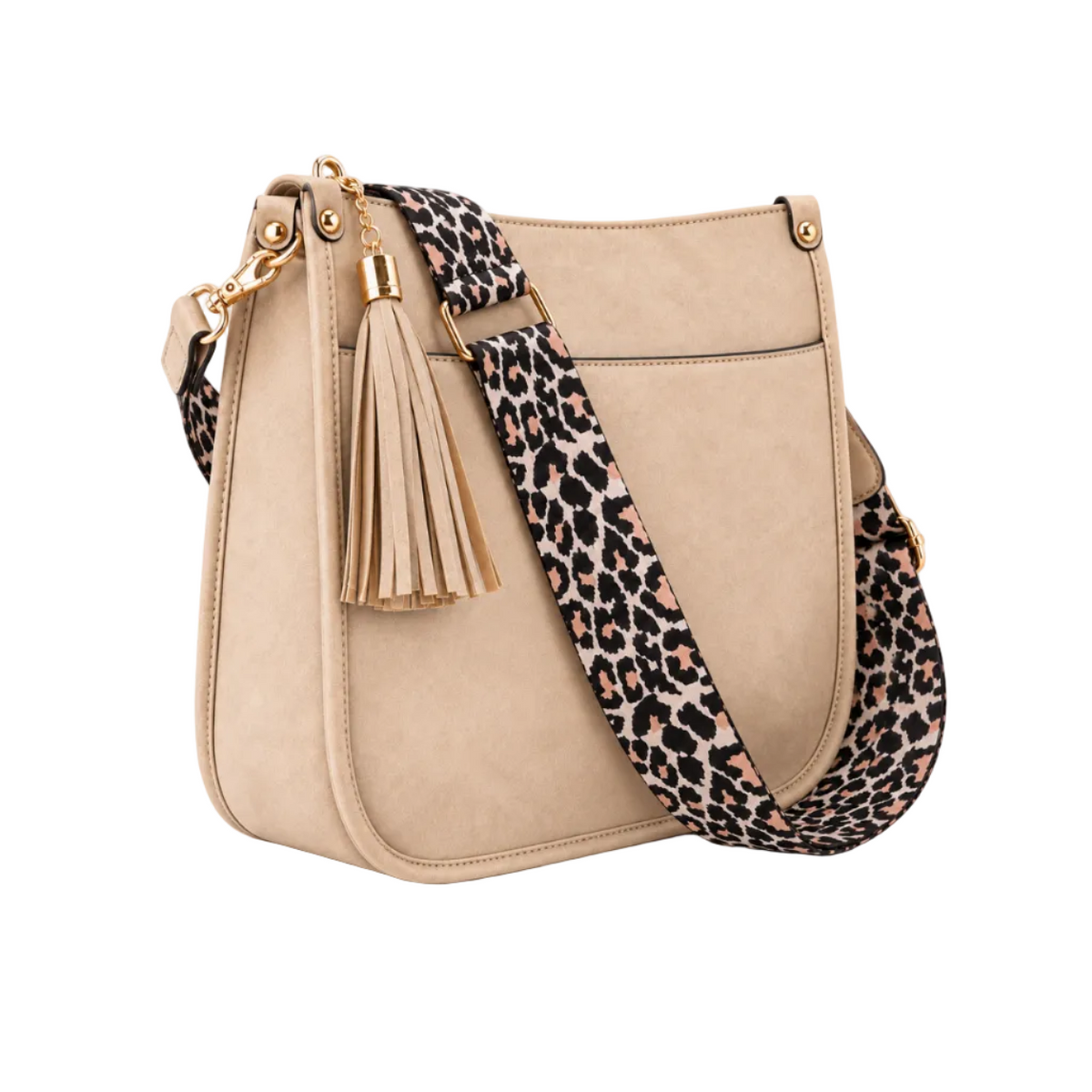 Beige Vegan Crossbody Bag Leopard Strap
