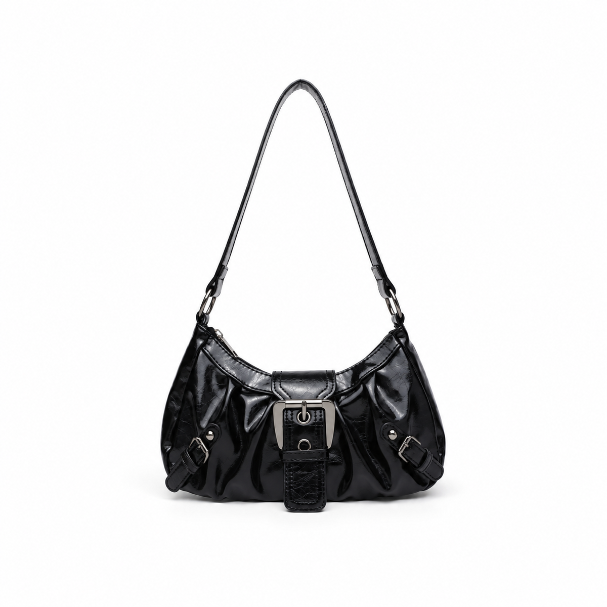 Glossy Black Buckle Shoulder Hobo Bag