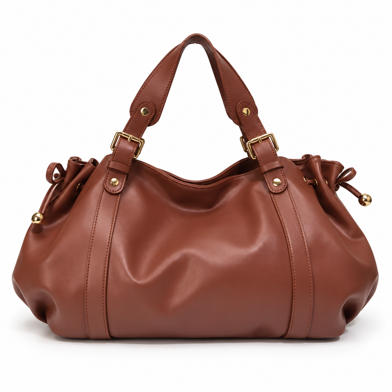 Elegant Brown Slouchy Handbag With Buckles-2