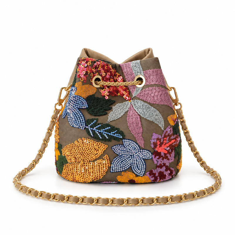 Floral Embroidered Sequin Chain Bucket Bag-2