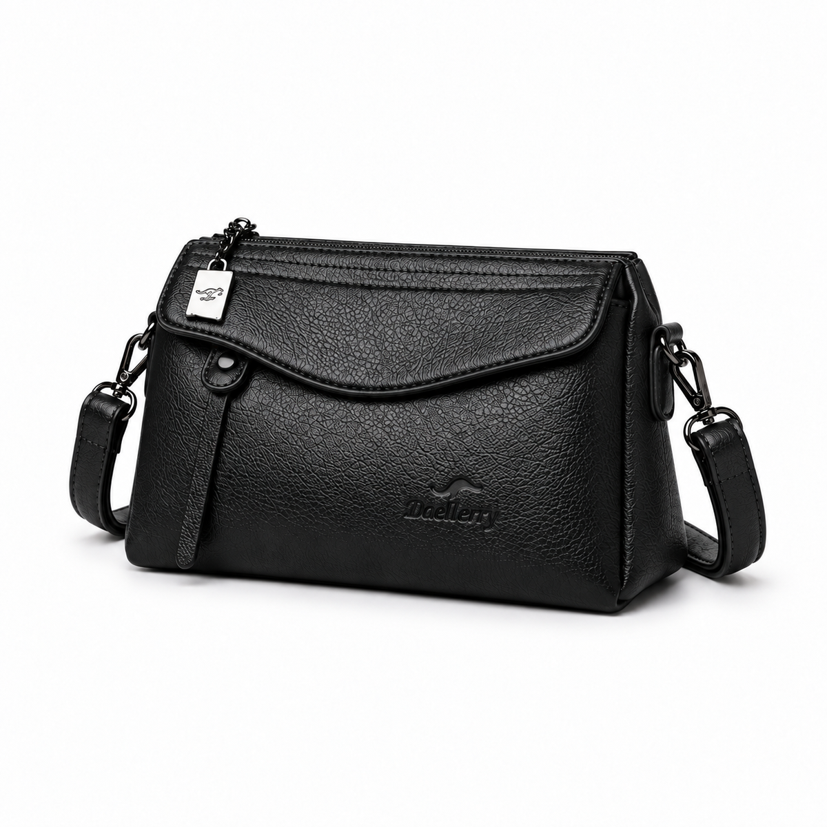 Black Textured Leather Crossbody Shoulder Bag-3