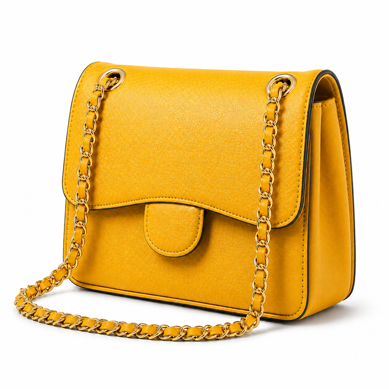 Golden Yellow Textured Chain Shoulder Bag-2