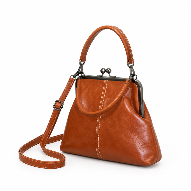 Vintage Brown Kiss Lock Shoulder Handbag-3