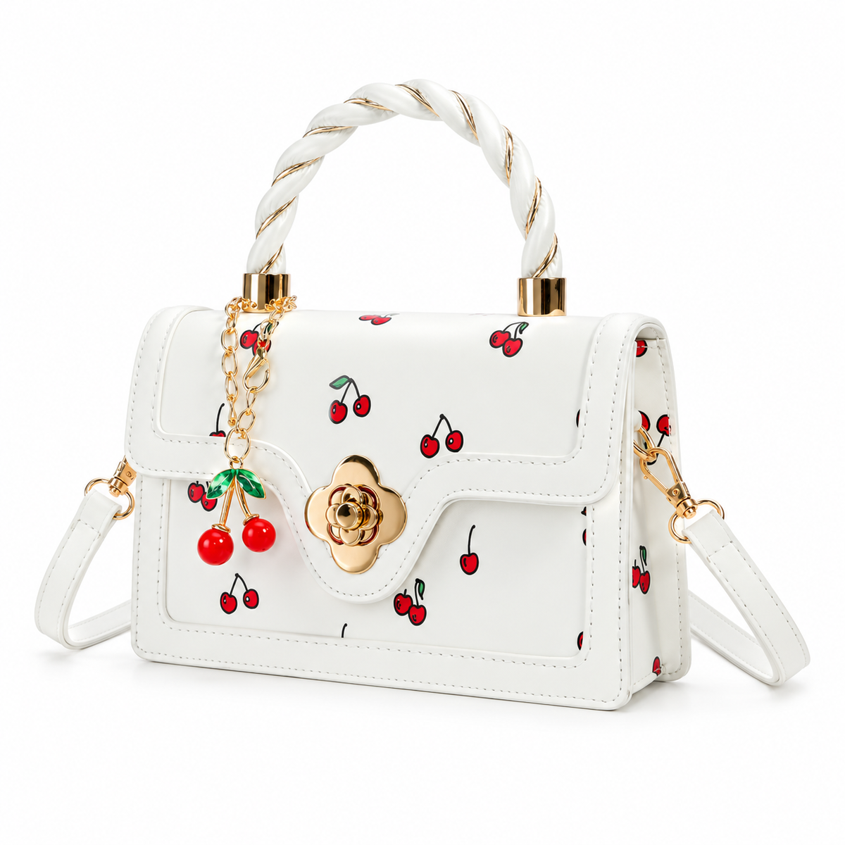 White Cherry Print Twisted Handle Crossbody-4