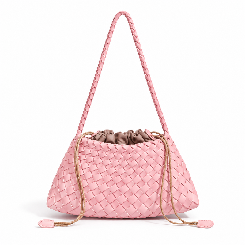 Pink Woven Shoulder Bag With Drawstring-2