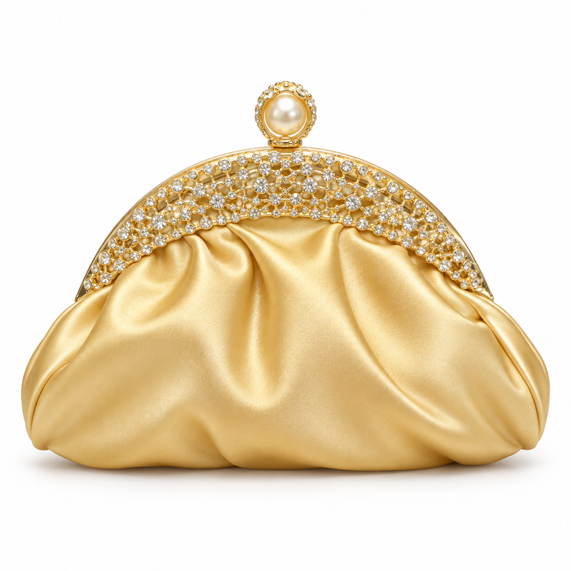 Gold Satin Rhinestone Pearl Evening Clutch-3