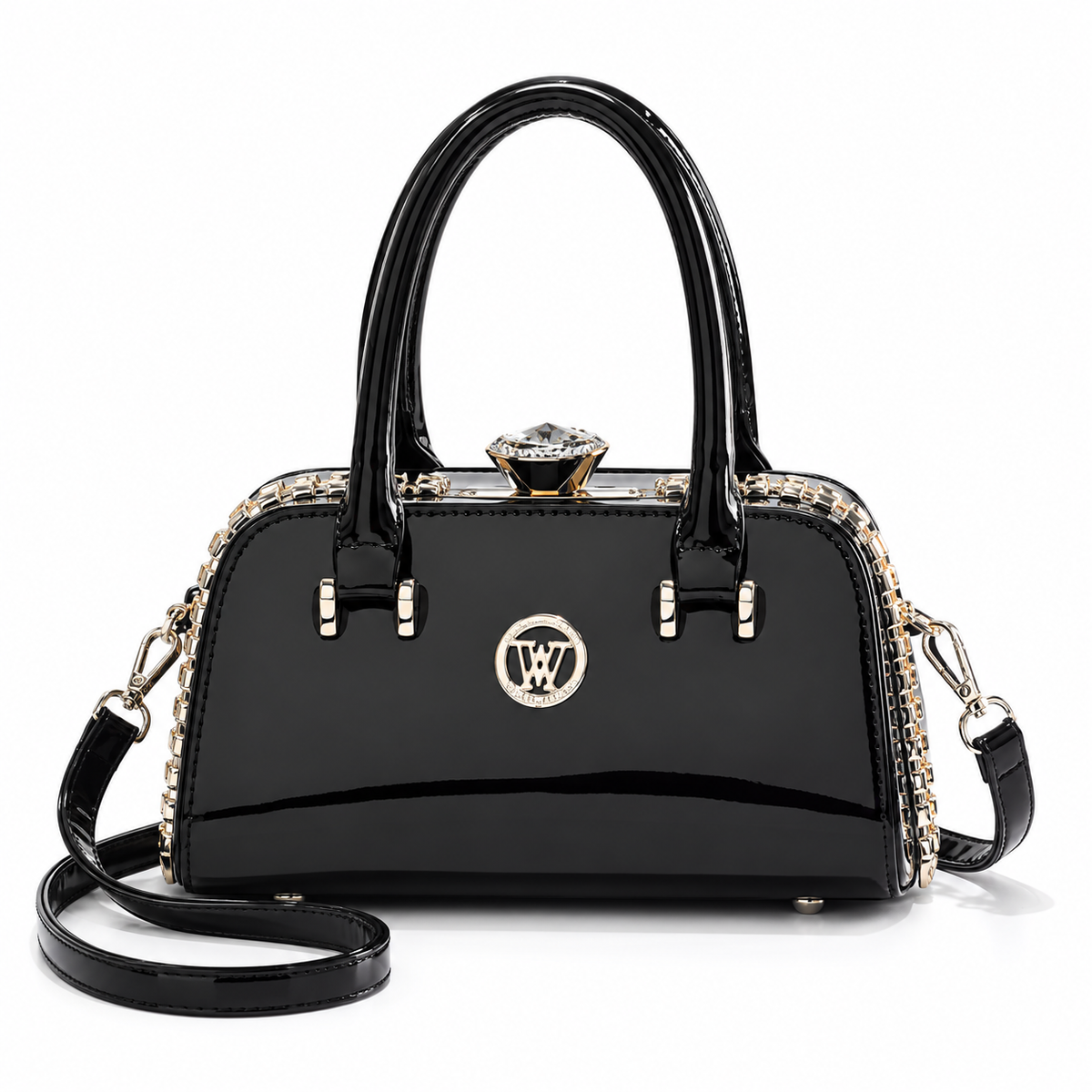 Elegant Black Glossy Handbag With Strap-4