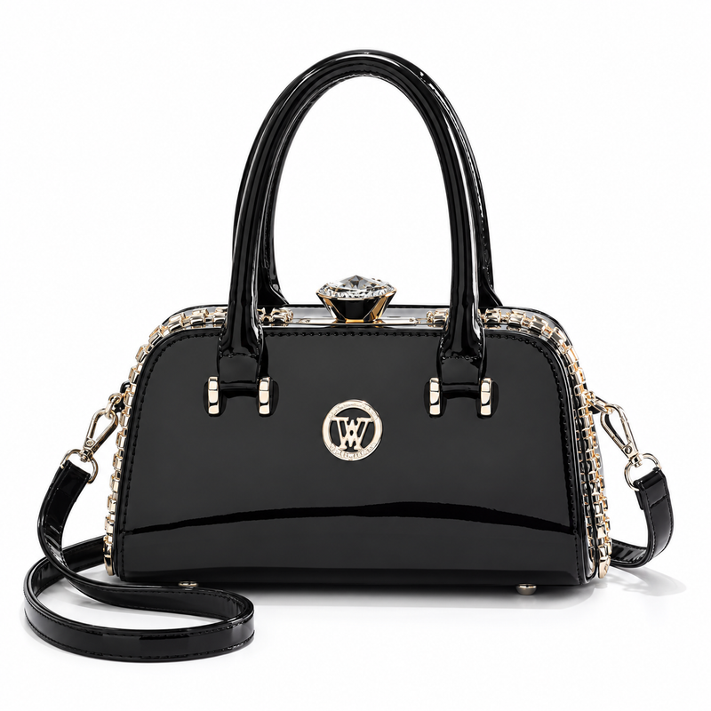 Elegant Black Glossy Handbag With Strap-4