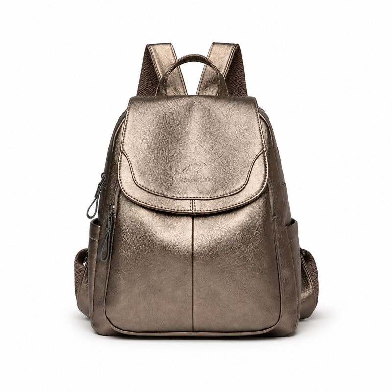 Metallic Bronze Flap Backpack With Pockets-4