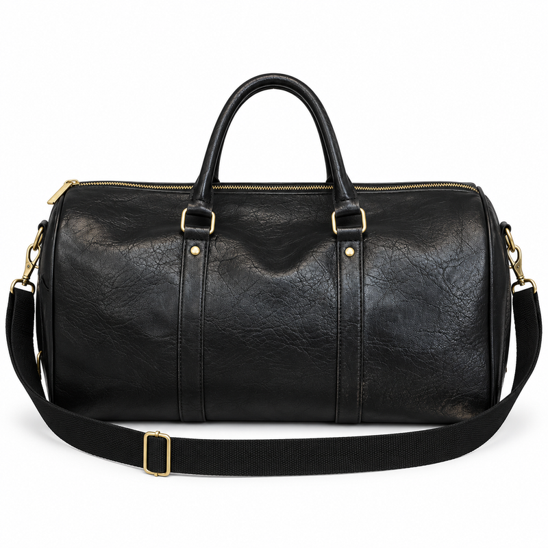 Classic Black Leather Travel Duffel Bag-2