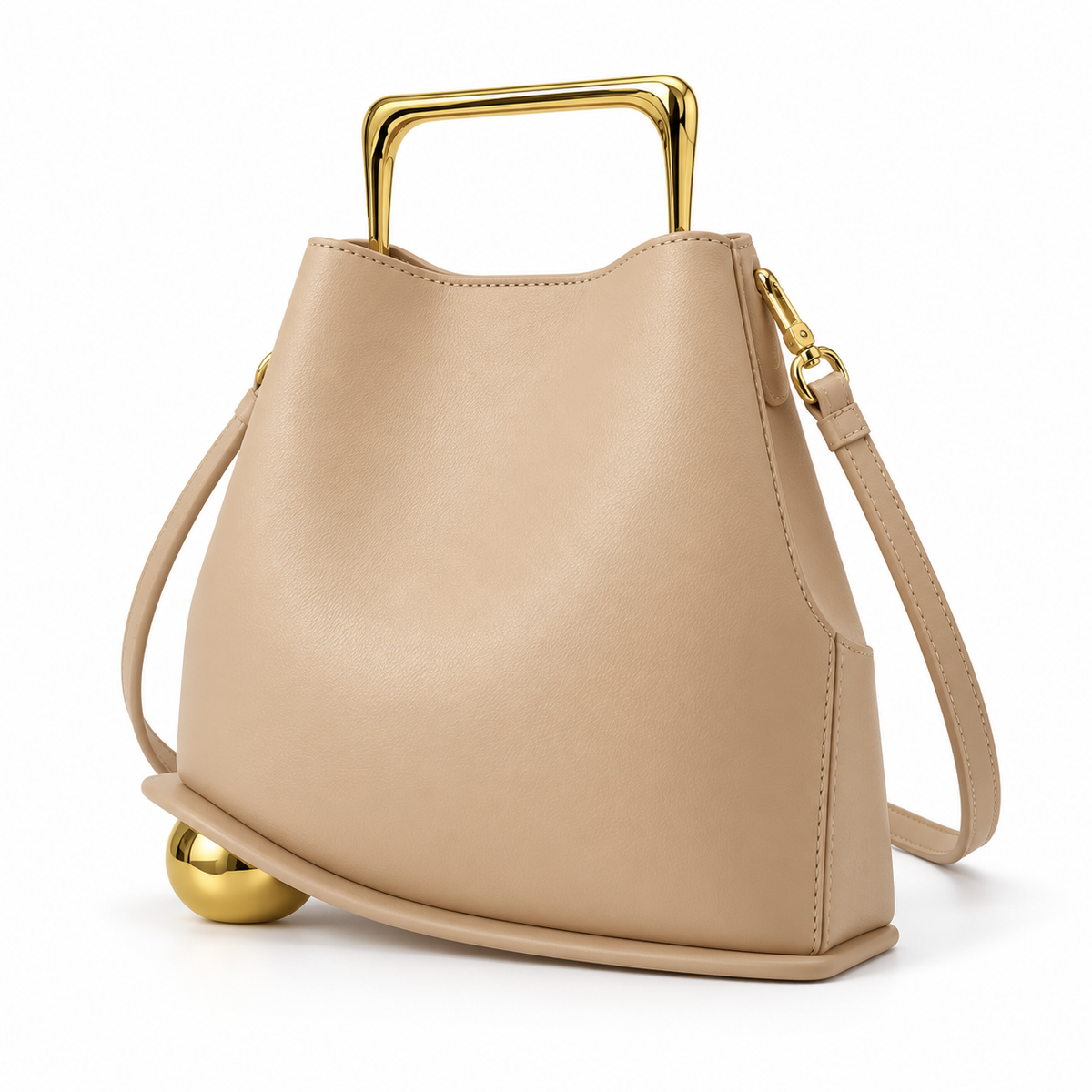 Beige Leather Evening Clutch Golden Handle-3