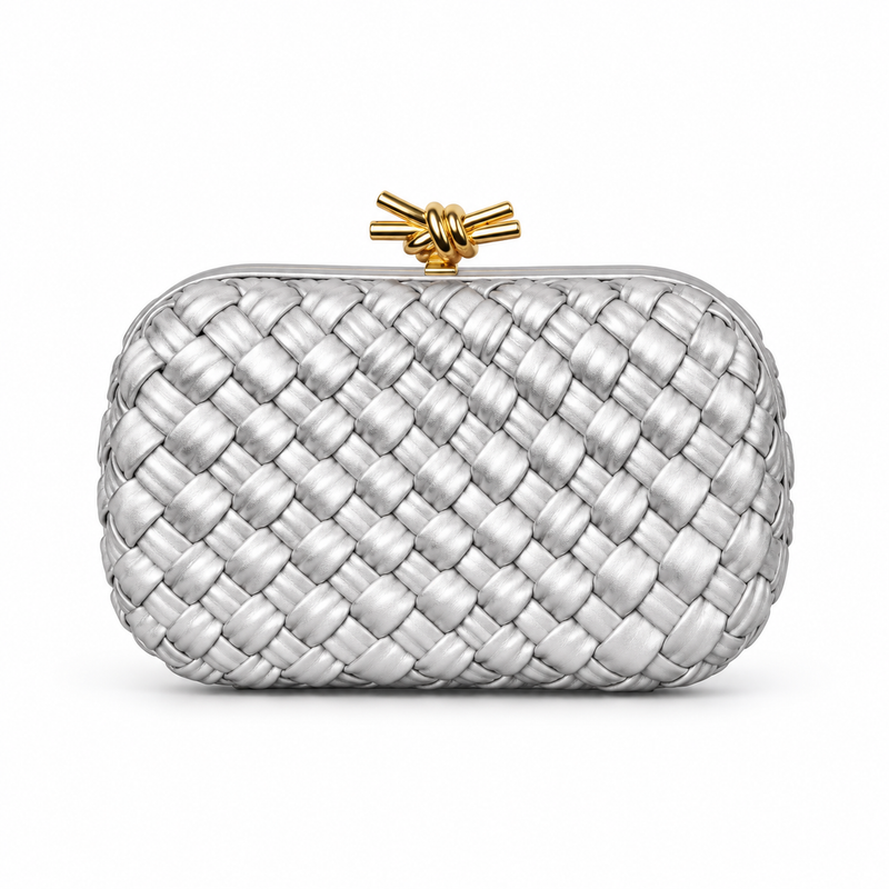 Silver Woven Clutch With Golden Knot-2