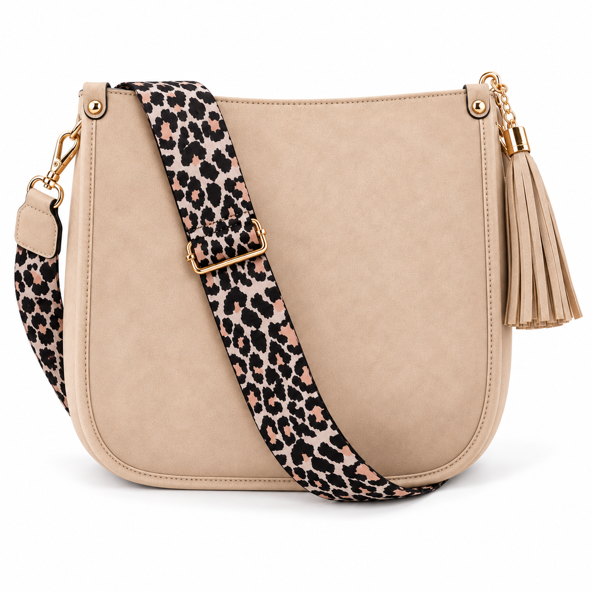 Beige Vegan Crossbody Bag Leopard Strap