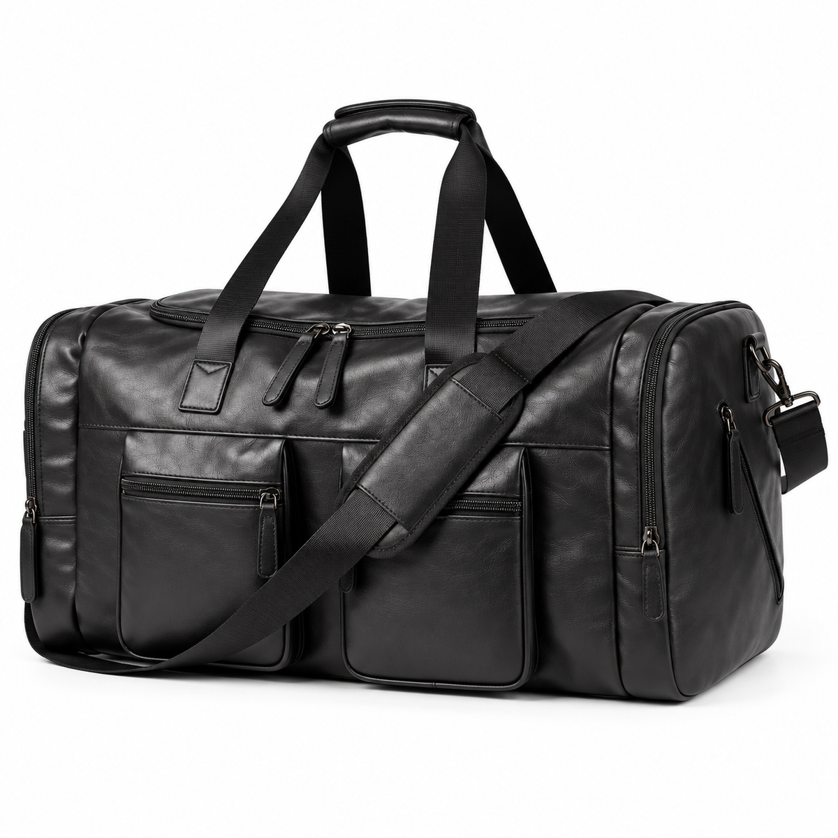 Classic Black Leather Travel Duffel Bag-4