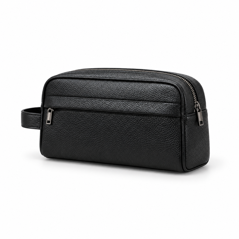 Black Pebbled Leather Toiletry Bag with Wrist Handle-3