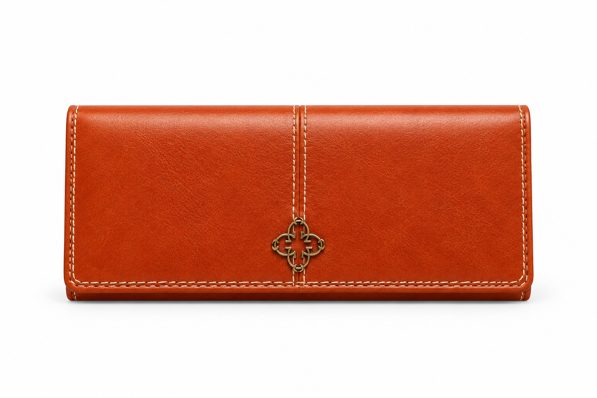 Cognac Long Wallet With Clover Detail-4
