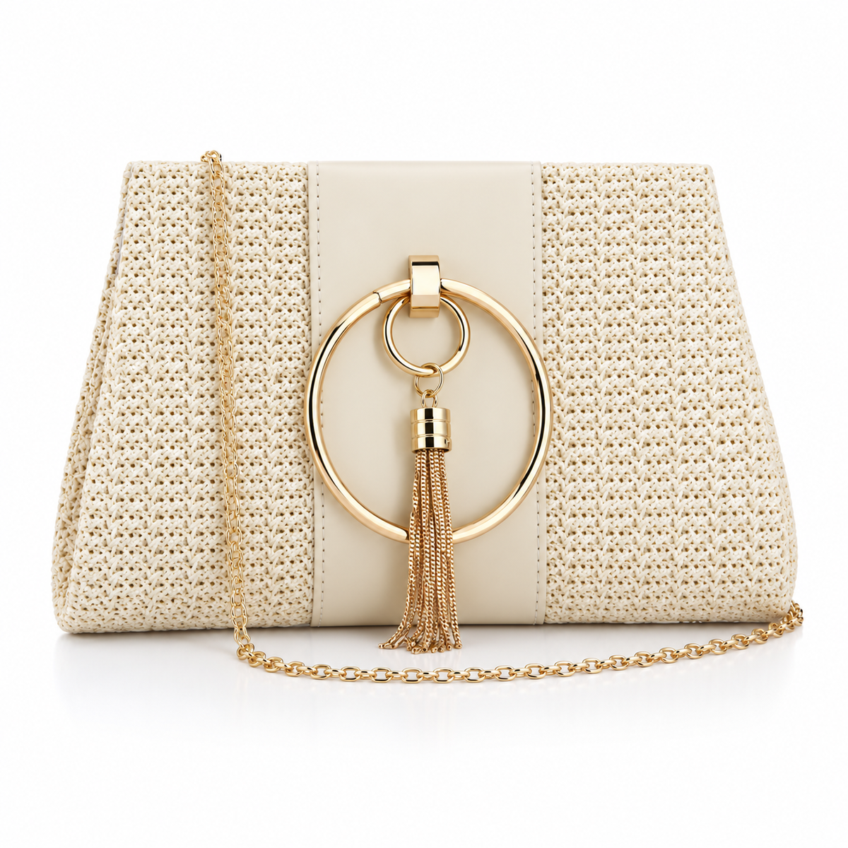 Ivory Woven Gold Tassel Shoulder Bag-4