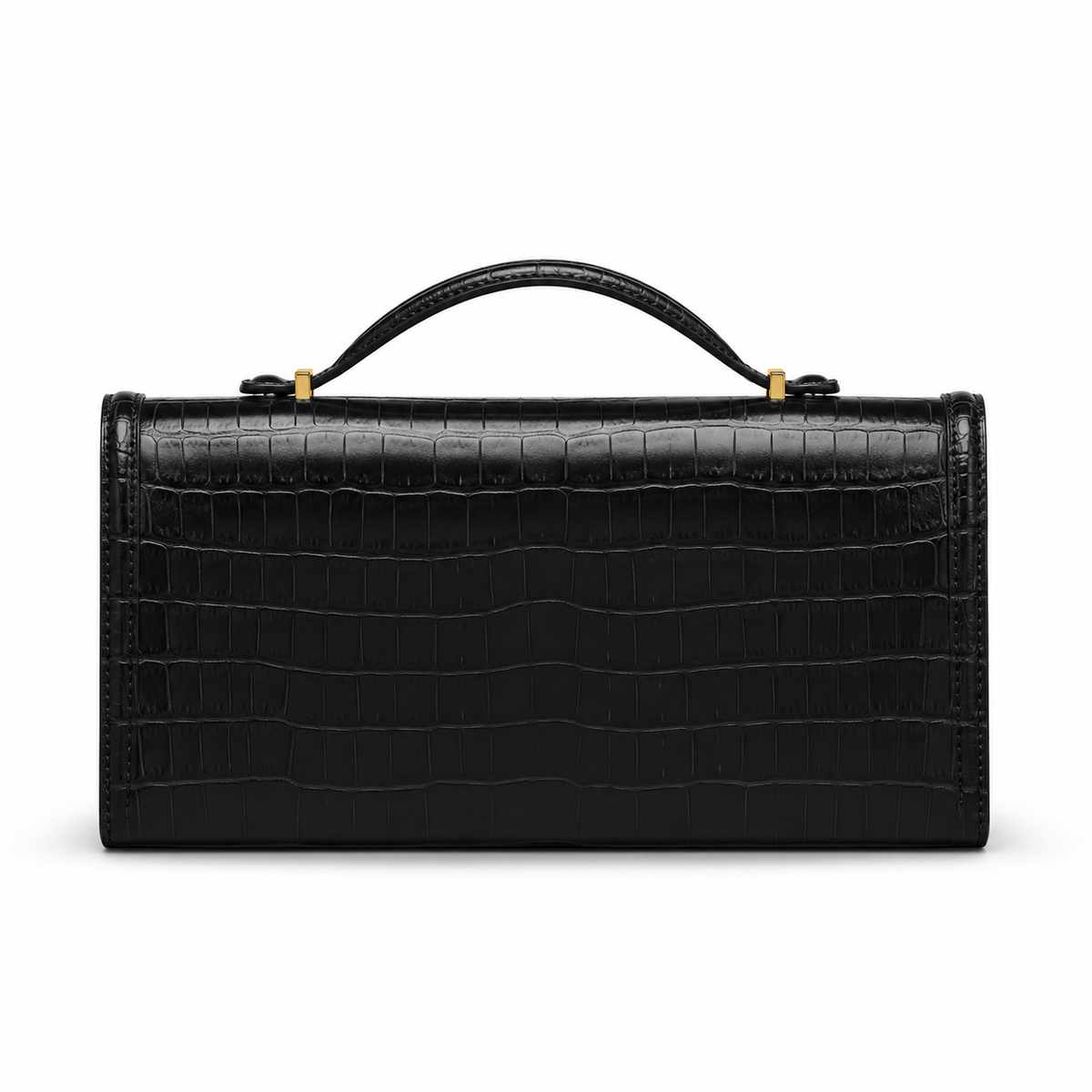 Black Crocodile Embossed Top Handle Clutch Bag-2