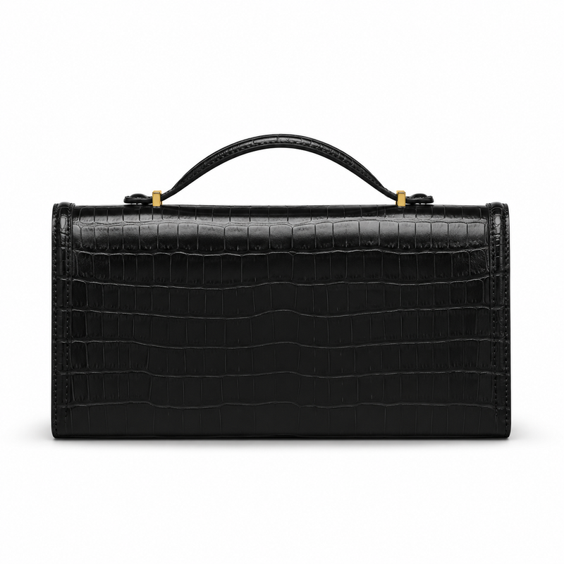 Black Crocodile Embossed Top Handle Clutch Bag-2