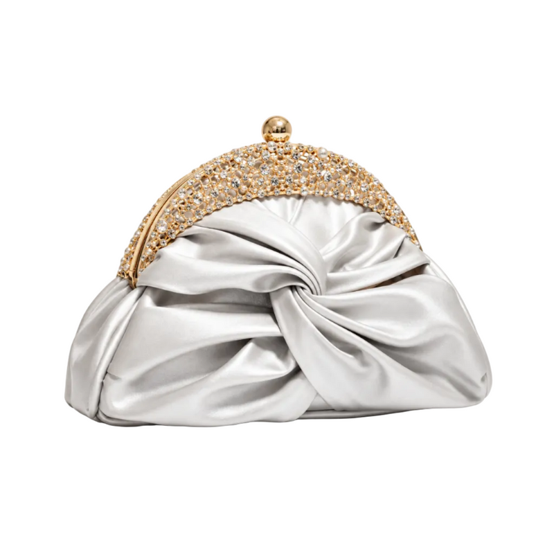 Silver Satin Knot Embellished Evening Clutch-1