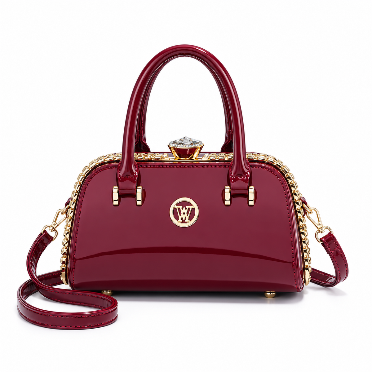 Elegant Burgundy Glossy Handbag With Crystal-4