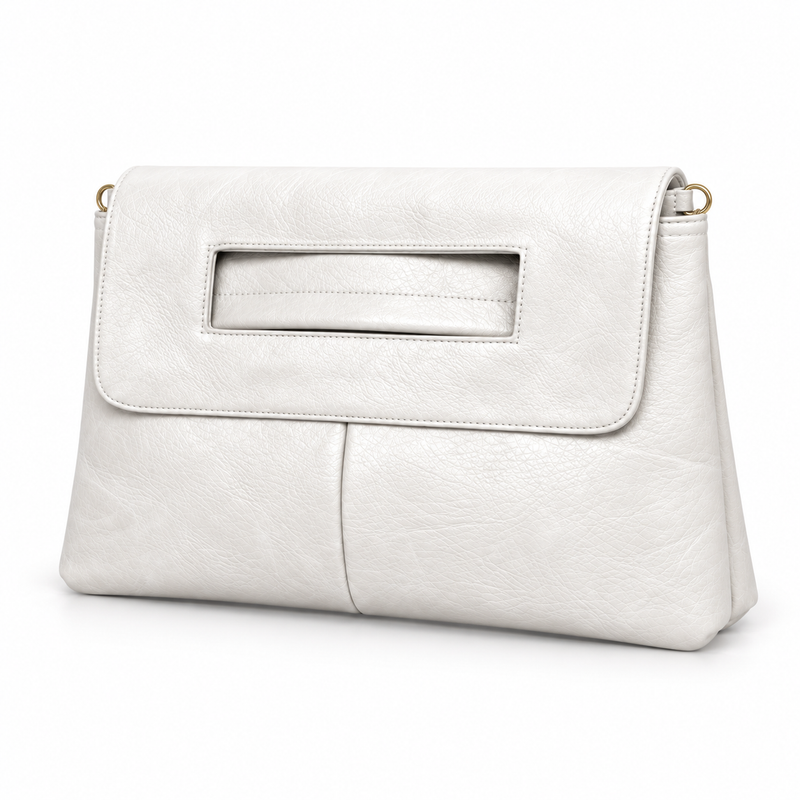 White Textured Leather Cutout Handle Clutch Bag-2