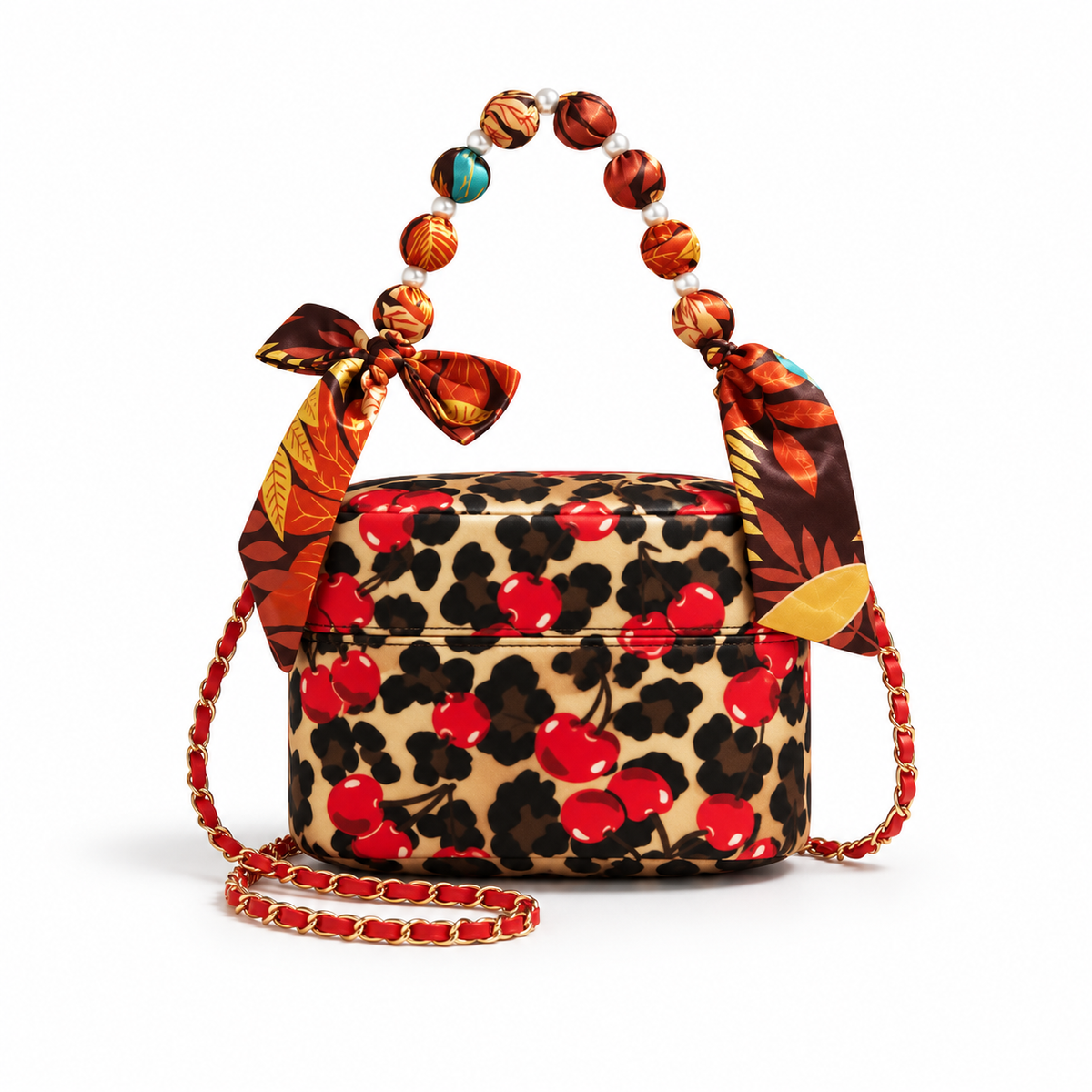 Cherry Leopard Print Beaded Crossbody Bag
